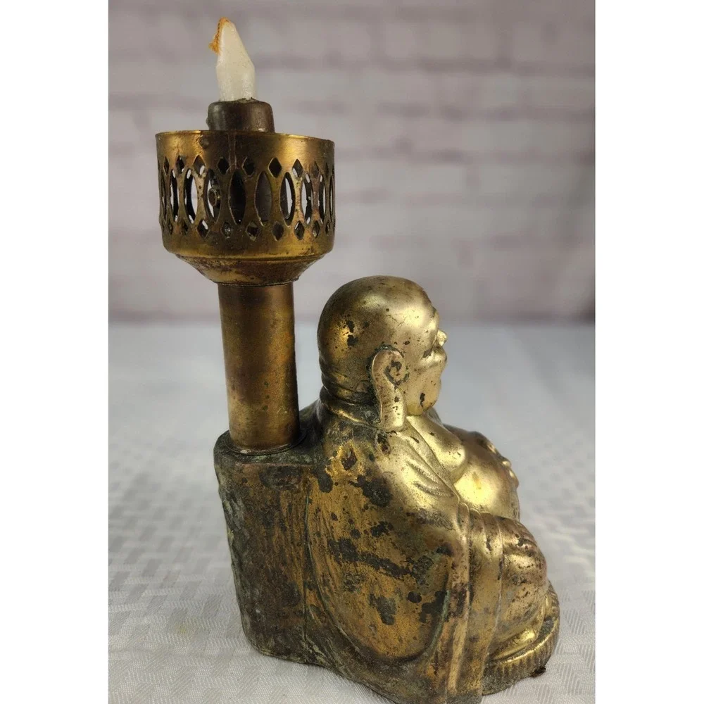 Vtg 50's Brass Smiling Buddha Figure Statue Candle Lamp Worship Luck Prosperity